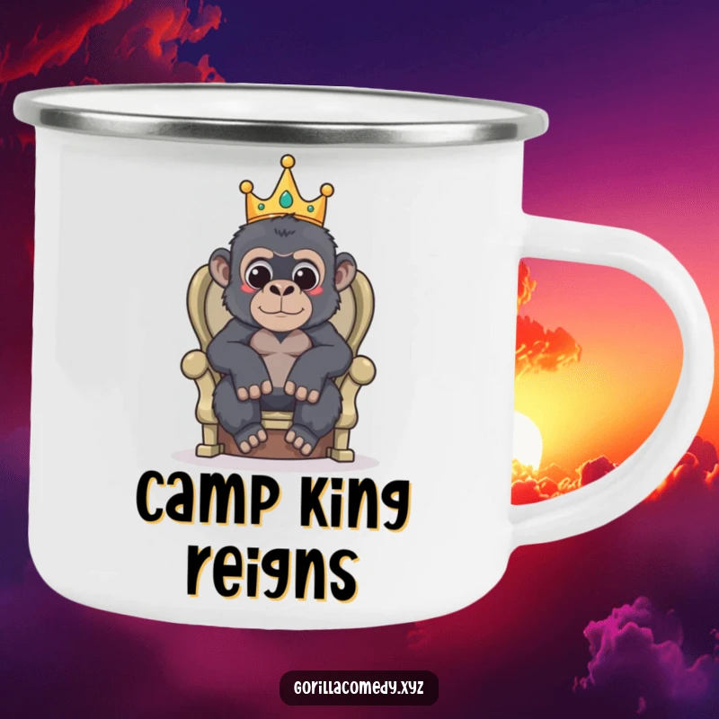 Funny camping mug showing a gorilla in a tiny crown, sitting on a throne in nature.