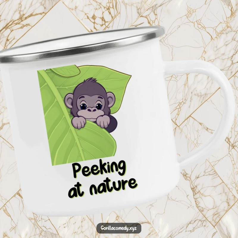 Funny camping mug with a curious gorilla peeking over a giant leaf, ideal for jungle adventures and embracing intrigue.