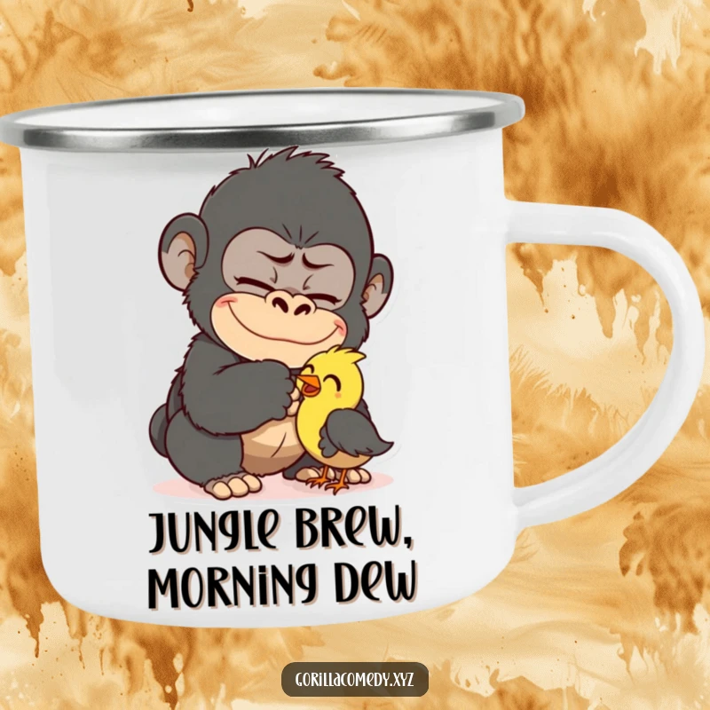 Funny Gorilla Tickling Bird Camping Mug: Mischievous gorilla tickling a small bird, ready for outdoor fun. A durable, funny gift.