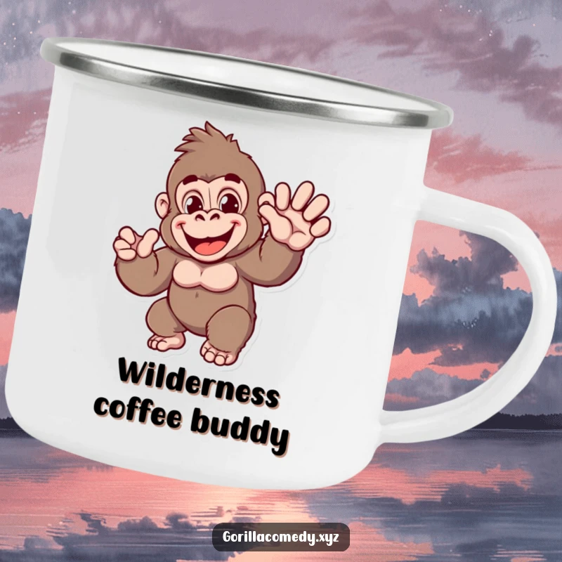 Funny Gorilla Camping Mug: Durable mug with a cheerful ape character waving hello, ready for outdoor adventures.