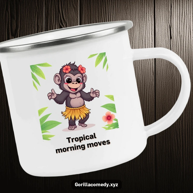 Funny Gorilla Camping Mug: Cute gorilla in a grass skirt doing a playful hula dance, ideal for adventures.