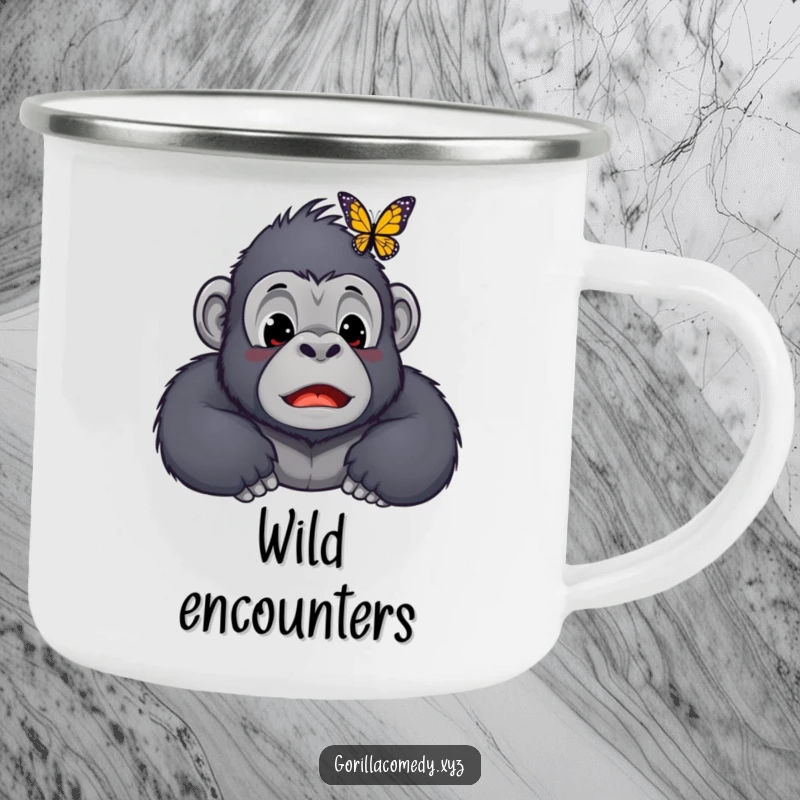 Funny Kawaii gorilla camping mug, featuring a surprised ape character with a butterfly on its nose, built for outdoor adventures and laughs.
