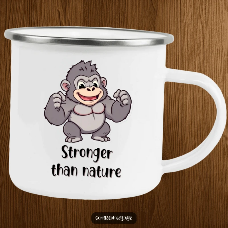 Funny kawaii gorilla camping mug featuring a muscular character flexing biceps, perfect for outdoor adventures, a durable funny gift.