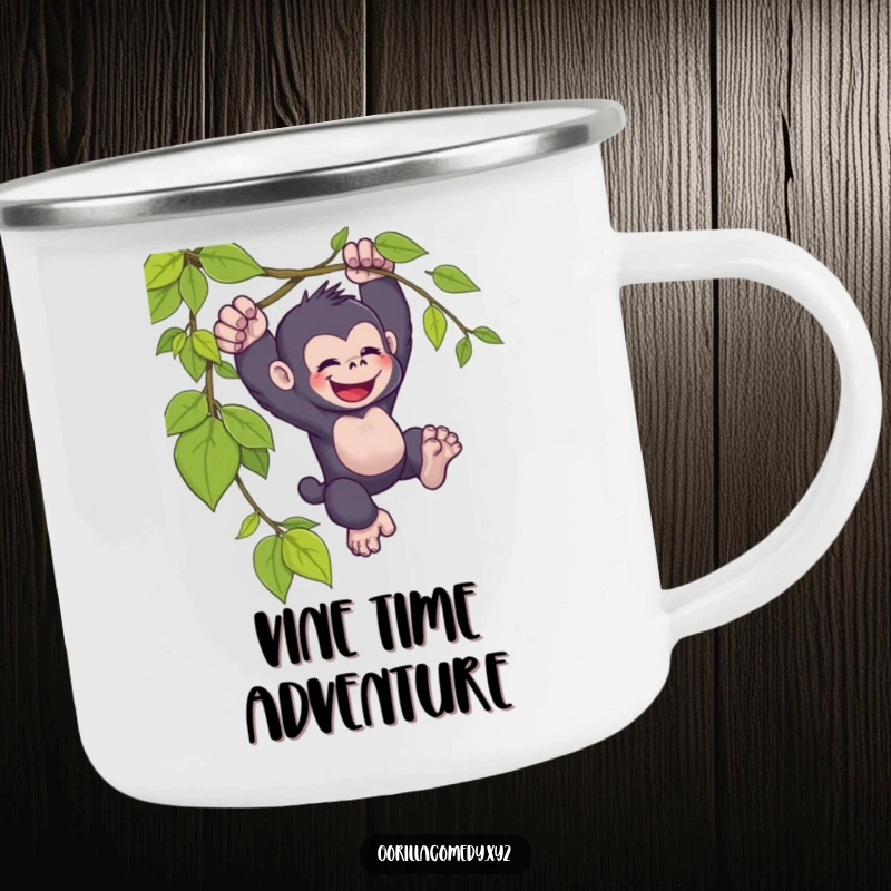 Funny kawaii gorilla camping mug, joyfully swinging, from a vine, durable outdoor cup, cute animal design.
