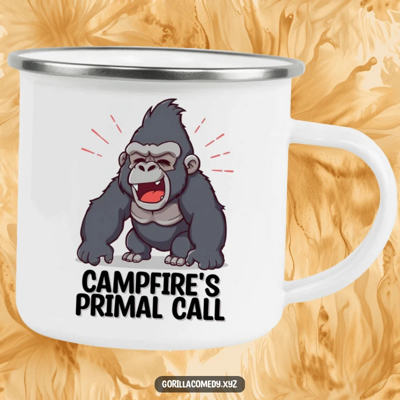 Funny enamel camping mug with a gorilla character roaring powerfully, surrounded by sound waves, ideal for outdoor use.