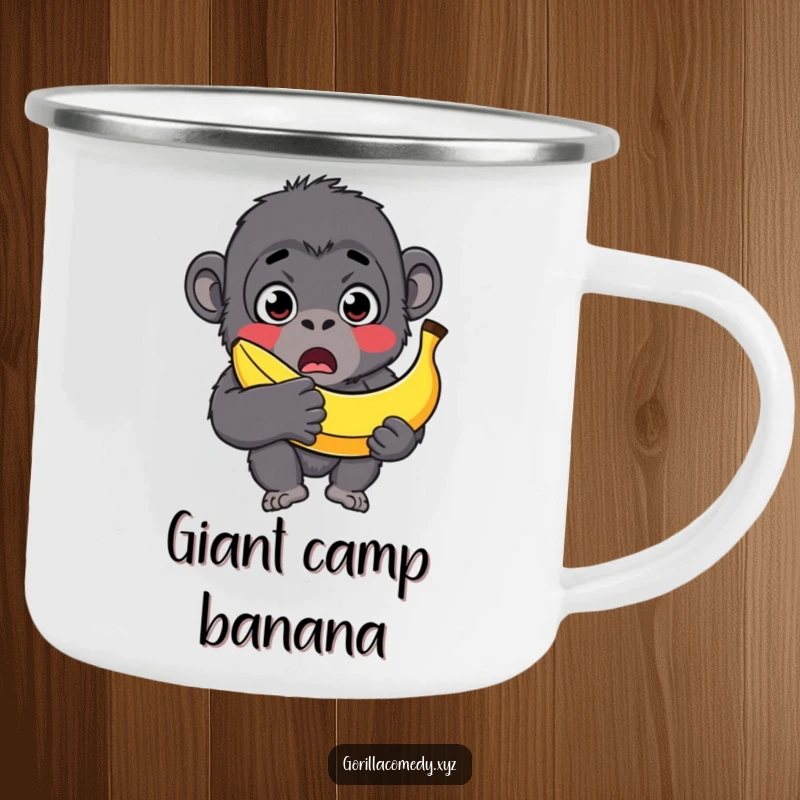 Funny gorilla camping mug, surprised character with wide eyes, holding a comically large banana, durable for outdoors.