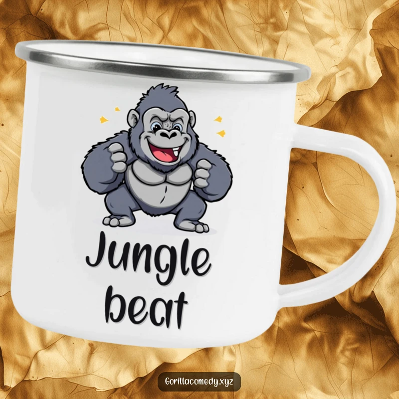 Funny camping mug with a cheerful gorilla energetically pounding its chest, ideal for outdoor enthusiasts with a happy spirit.