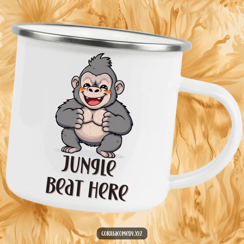 Funny camping mug showing a cute Kawaii gorilla beating its chest, perfect for adventurers who love lively expression.