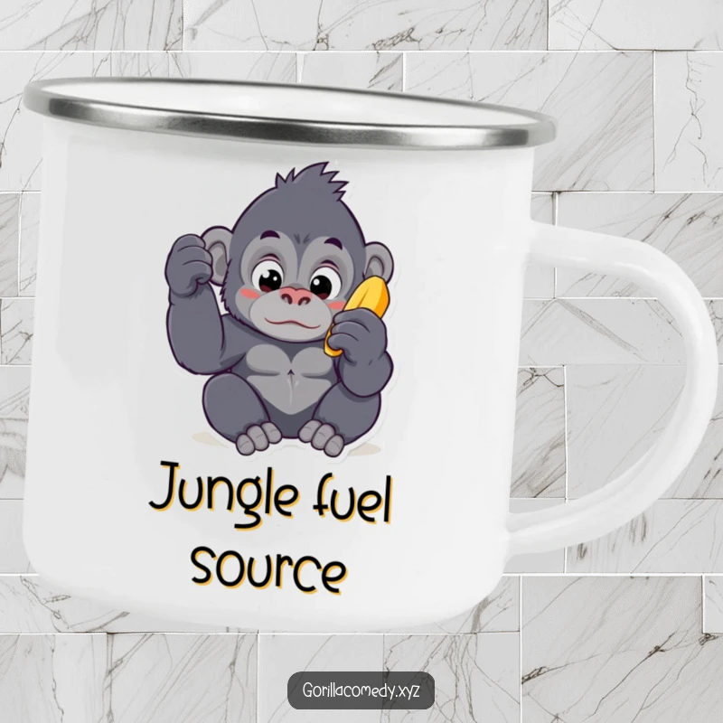 Funny Kawaii gorilla camping mug, featuring a curious ape character intently examining a banana, built for outdoor adventures and laughs.