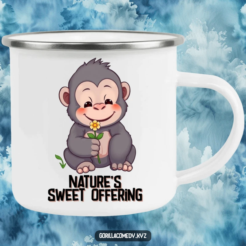 Funny camping mug with a gentle gorilla smiling and offering a flower, perfect for outdoor enthusiasts with a kind heart.