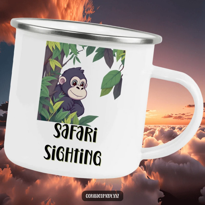 Funny Gorilla Camp Mug: Sturdy mug with a cartoon gorilla peeking from jungle foliage, full of jungle intrigue. Perfect funny gift.