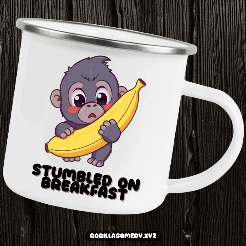 Funny Kawaii Gorilla Camp Mug showing a surprised gorilla holding a giant banana, ready for outdoor fun with adorable humor.
