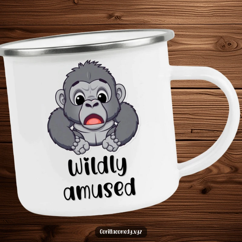 Funny camping mug displaying a surprised gorilla with an open mouth, ready for outdoor adventures and good times.