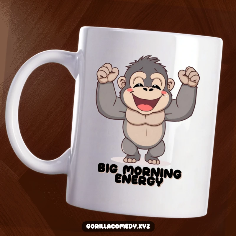 Funny Gorilla Chest Pound Mug showing a cute gorilla character joyfully pounding its chest with a huge, infectious smile.