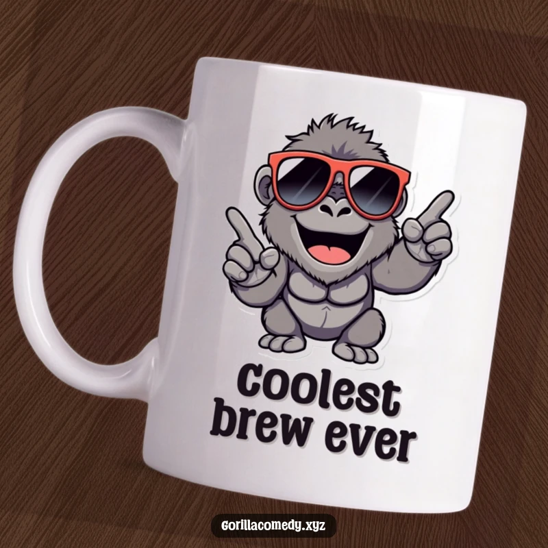 Funny Gorilla Mug: Happy gorilla in oversized sunglasses, snapping fingers with a cool, confident vibe.