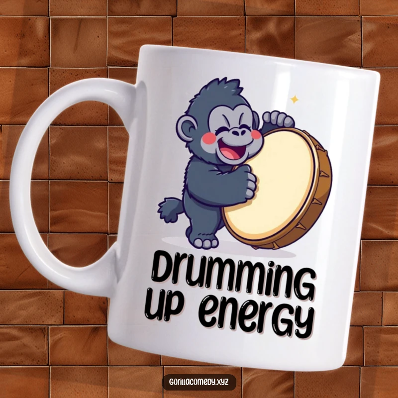 Funny Gorilla Drummer Mug with a cute kawaii gorilla character happily banging on a large drum, radiating energetic fun.