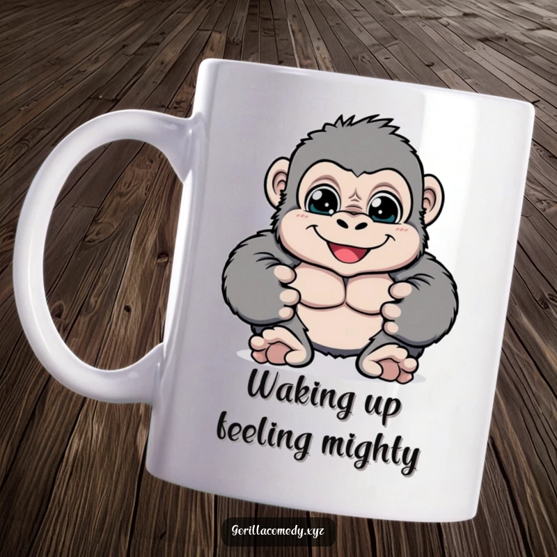 Funny cheerful gorilla mug with big bright eyes playfully pounding its chest, radiating happiness and strength, a delightful quirky gift for primate fans.