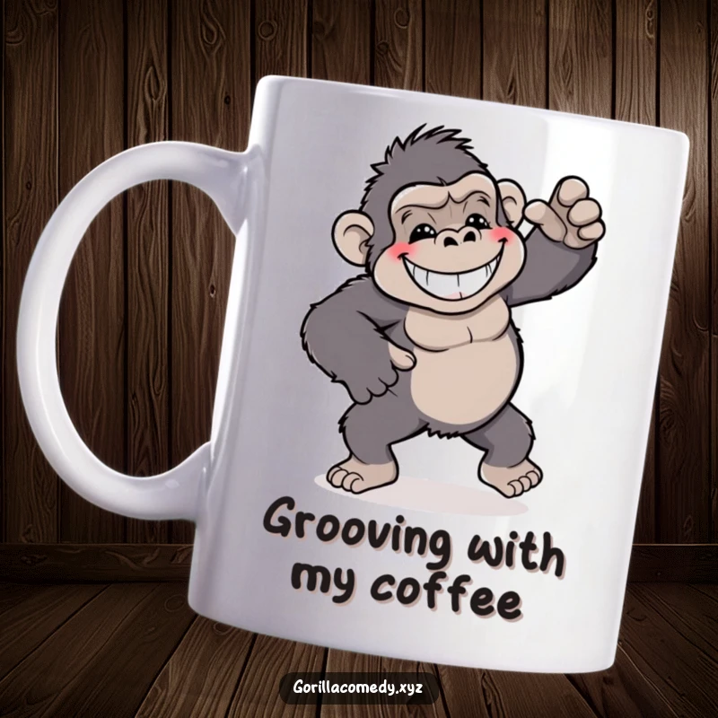 Funny gorilla character mug, grinning widely while doing a playful and silly dance with energetic moves.