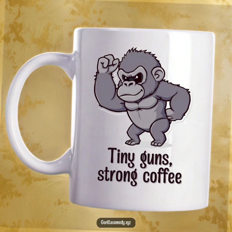 Funny gorilla mug, determined character proudly flexing its tiny bicep, showing immense strength and pride.