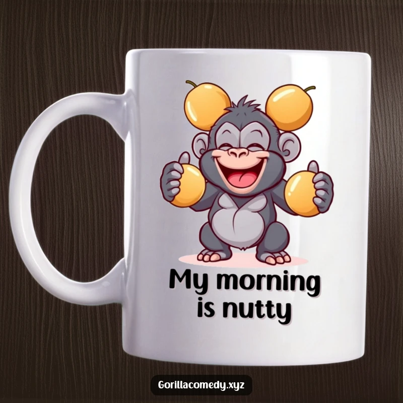 Funny giggling gorilla mug with a wide grin juggling three shiny coconuts, radiating pure amusement and skill, a perfect funny gift for primate lovers.