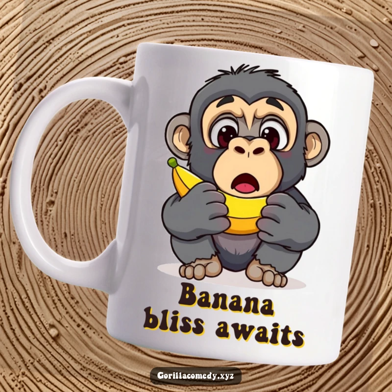 Funny Gorilla Banana Discovery Mug: A gorilla character has wide, surprised eyes upon discovering a delicious banana, a moment of pure funny joy, gift.