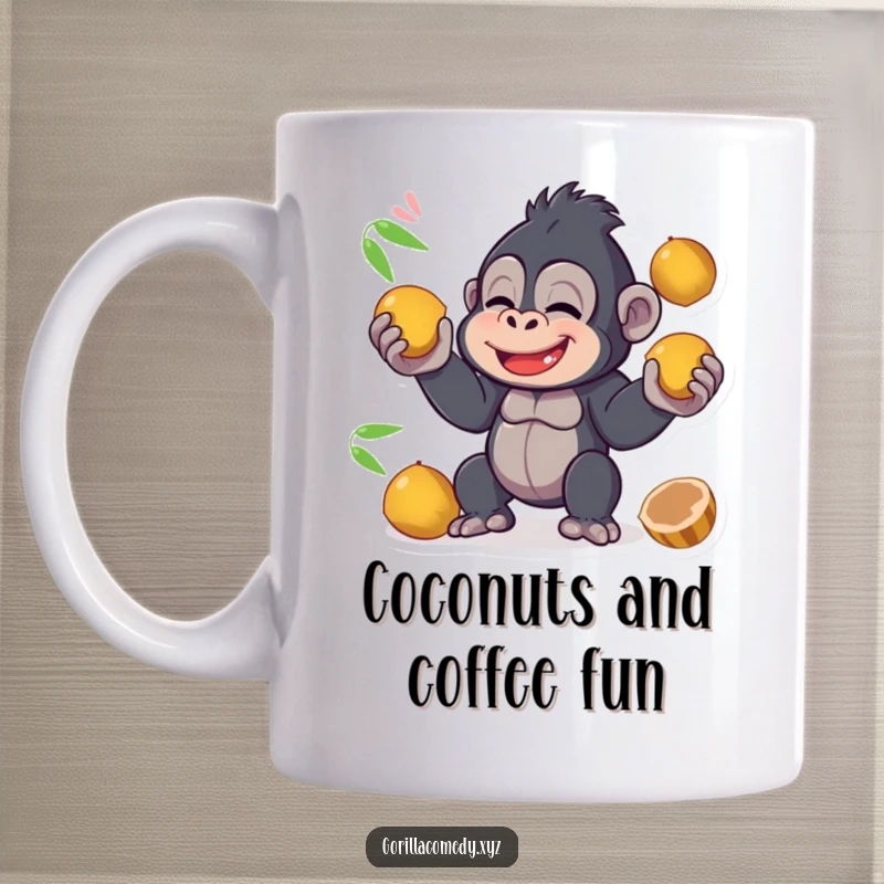 Funny kawaii gorilla character giggling while expertly juggling several coconuts, captured on a mug for a tropical dose of fun.