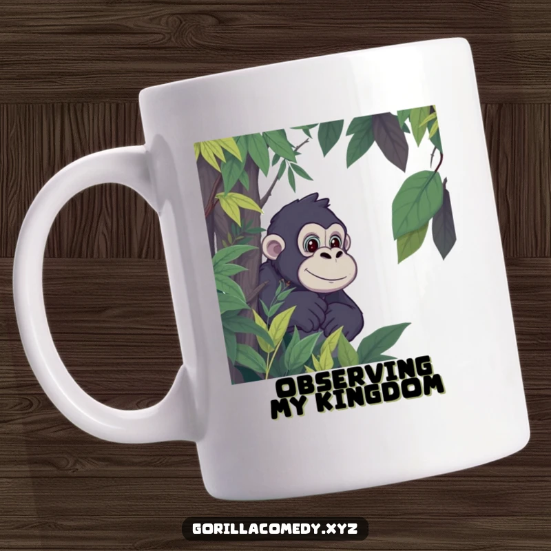 Funny Gorilla Jungle Mug: Cartoon gorilla peeks from dense jungle foliage with a playful expression. Ideal funny gift.