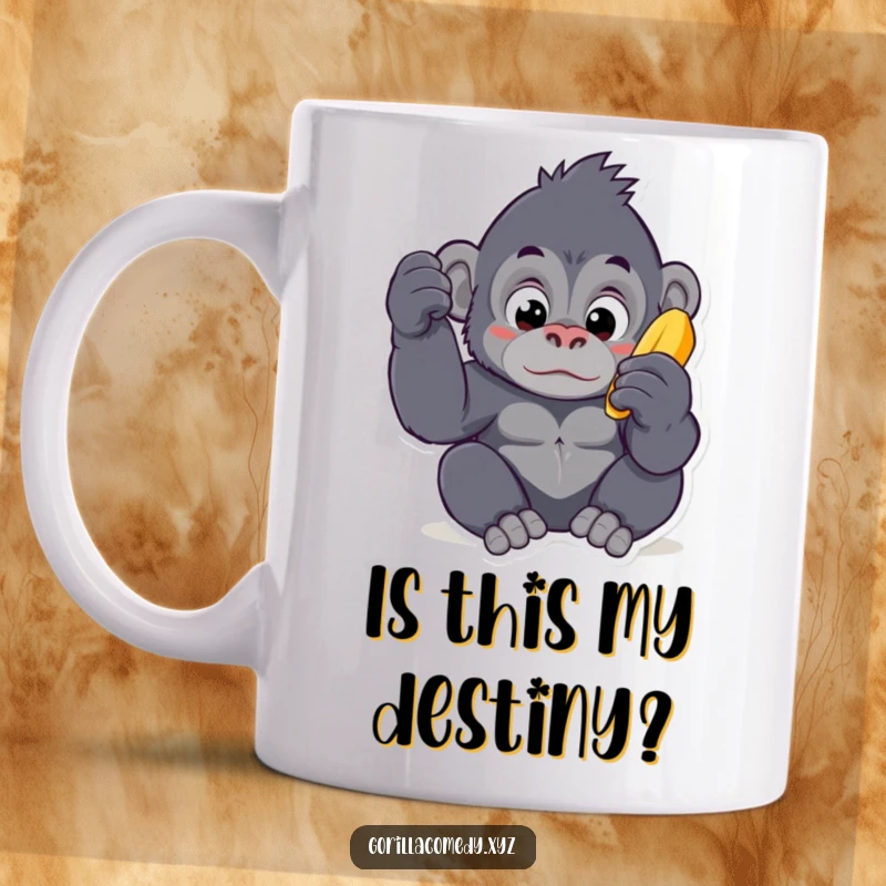 Funny Kawaii gorilla mug with wide, curious eyes intently examining a bright yellow banana, showcasing playful innocence and a love for snacks.