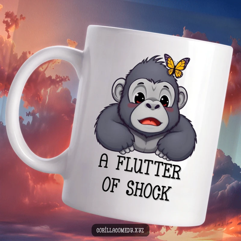 Funny Kawaii gorilla mug, showing a cute ape character with wide, surprised eyes and an open mouth as a butterfly lands gently on its nose.