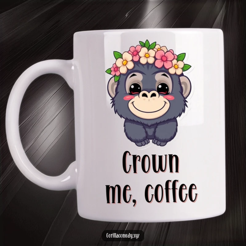 Funny kawaii gorilla mug, mischievous grin, wearing a flower crown, cute and playful animal, perfect gift.