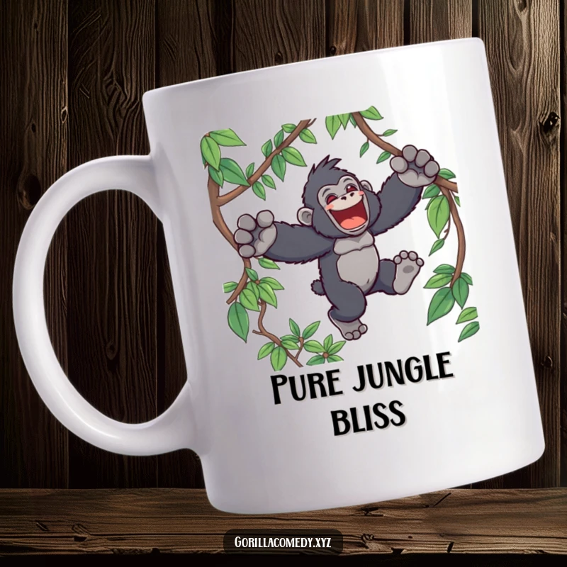 Funny Kawaii gorilla mug, showing a cute ape character joyfully leaping through lush green jungle vines with a wide, happy grin.