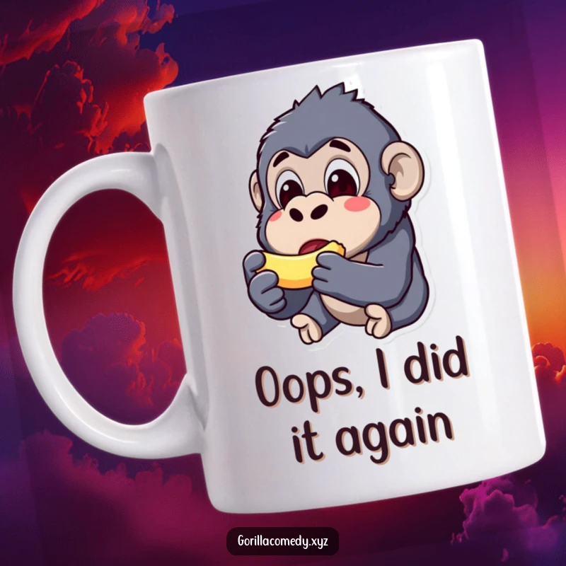 Funny kawaii gorilla mug, surprised expression, munching a tiny banana, cute and comical animal, perfect gift.