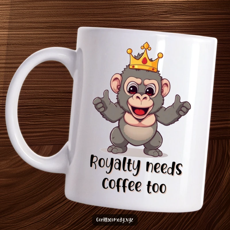 Funny King Gorilla Mug showing a crowned primate striking a theatrical and funny pose, radiating regal silliness.