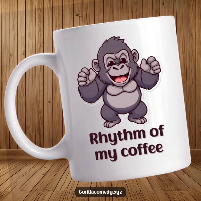 Funny gorilla mug featuring a cheerful ape character rhythmically beating its chest with pride and a happy expression, symbolizing confidence.