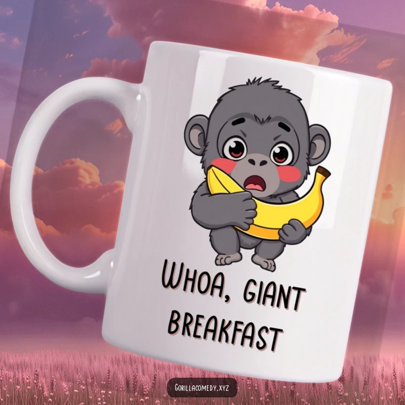 Funny gorilla mug, surprised character with wide eyes, comically holding a banana much too large for its hands.
