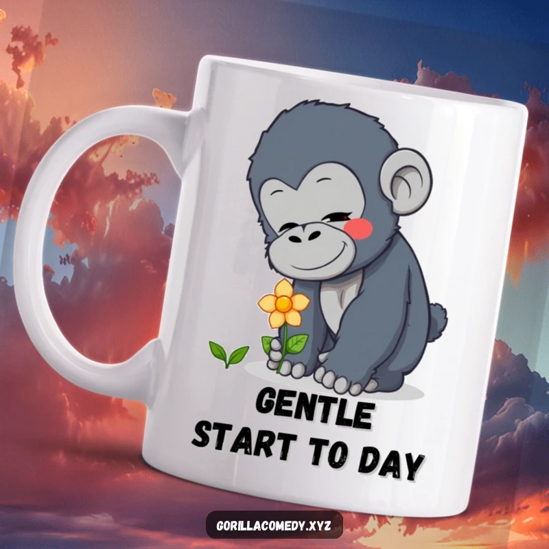 Funny curious gorilla mug showing gentle interaction with a tiny flower, conveying sweetness and wonder, a perfect funny gift.