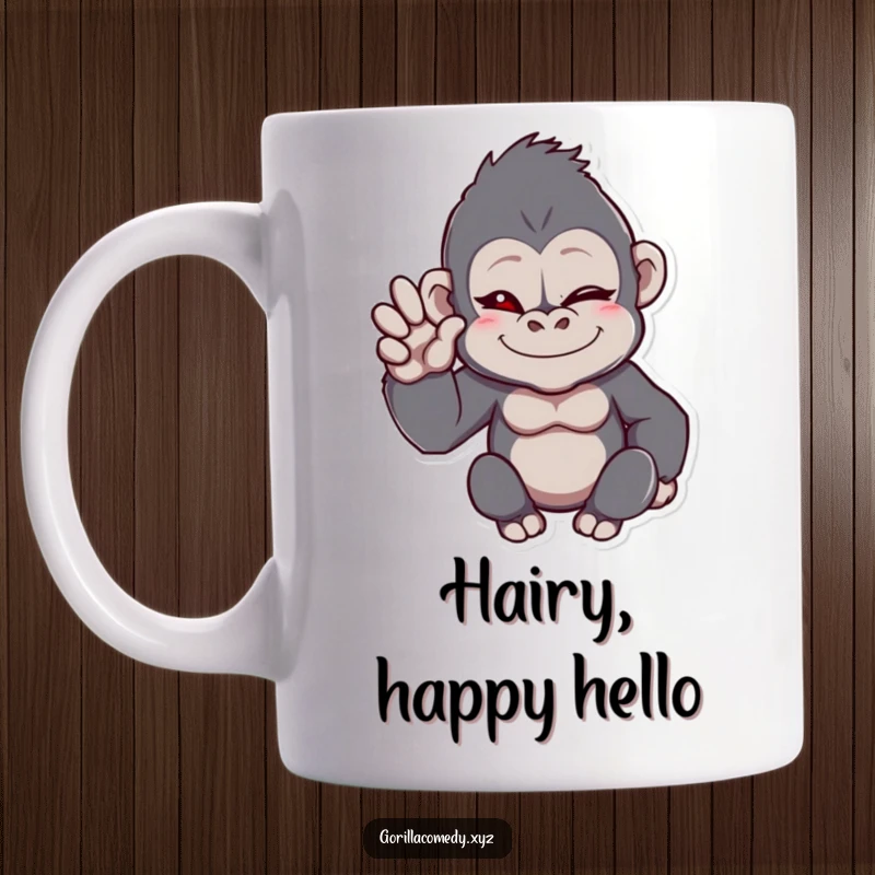 Funny gorilla mug featuring a winking primate with one hand raised in a cheerful wave, conveying friendly greetings and humor.