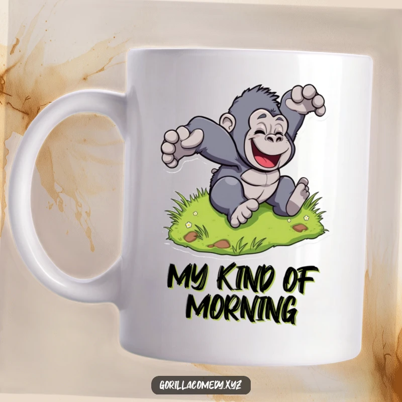 Funny Gorilla Hill Mug: Stylized gorilla joyfully tumbles down a grassy hill with pure delight. Ideal funny gift.