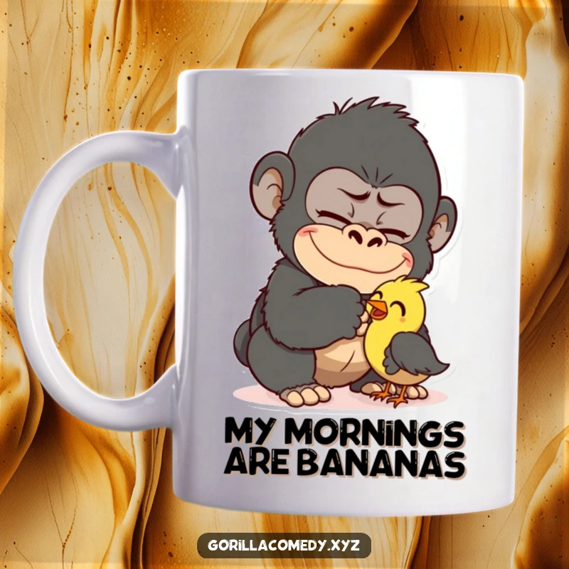 Funny Gorilla Tickling Bird Mug: Mischievous gorilla gently tickling a small bird, bringing smiles and laughter. A delightful cartoon gift.