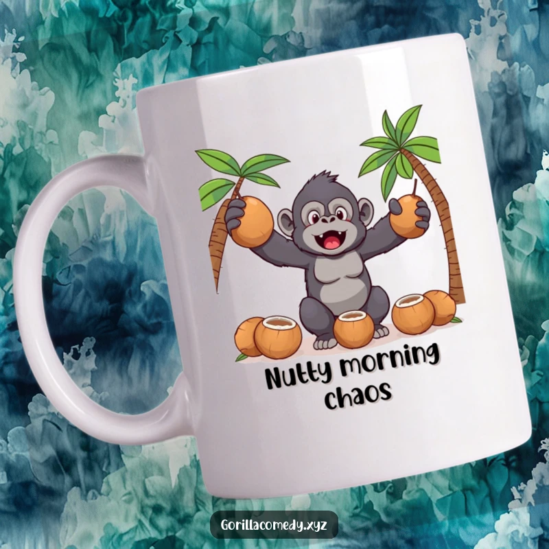 Funny Kawaii gorilla with a focused yet silly expression, attempting to juggle three coconuts with comical results.