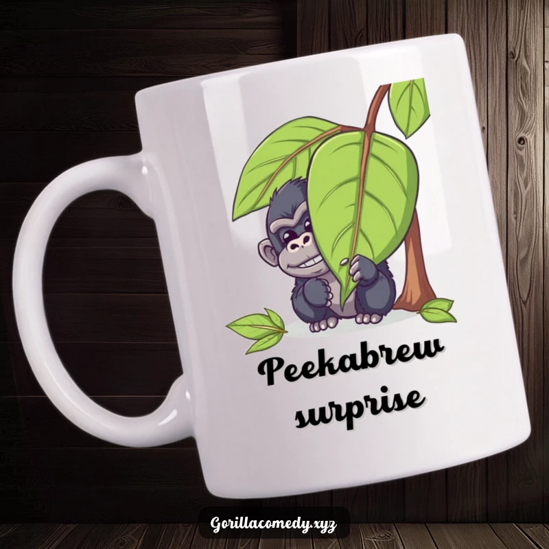 Funny gorilla mug featuring a mischievous ape character hiding behind a large leaf, peeking out with a chuckle and playful eyes.