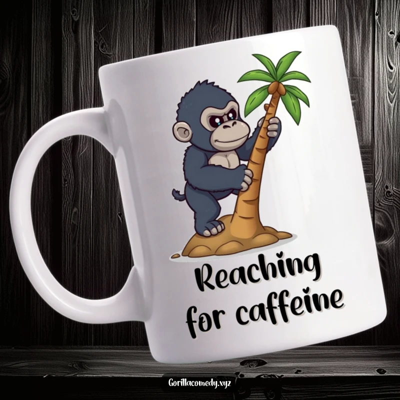 Funny mug with a determined gorilla attempting to climb a small coconut tree, symbolizing ambition and perseverance.