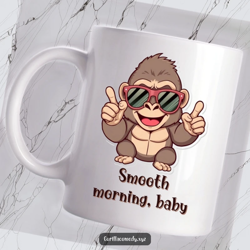Funny gorilla mug, happy character wearing oversized sunglasses, confidently giving a finger snap, exuding cool vibes.