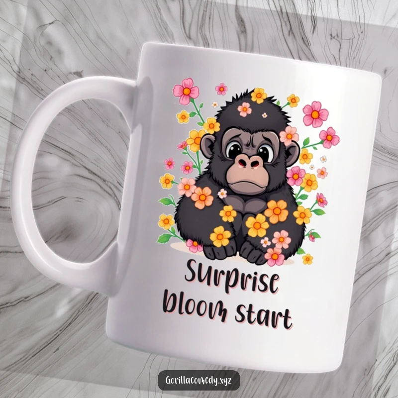 Funny mug featuring a surprised gorilla caught in a delightful shower of colorful flowers.