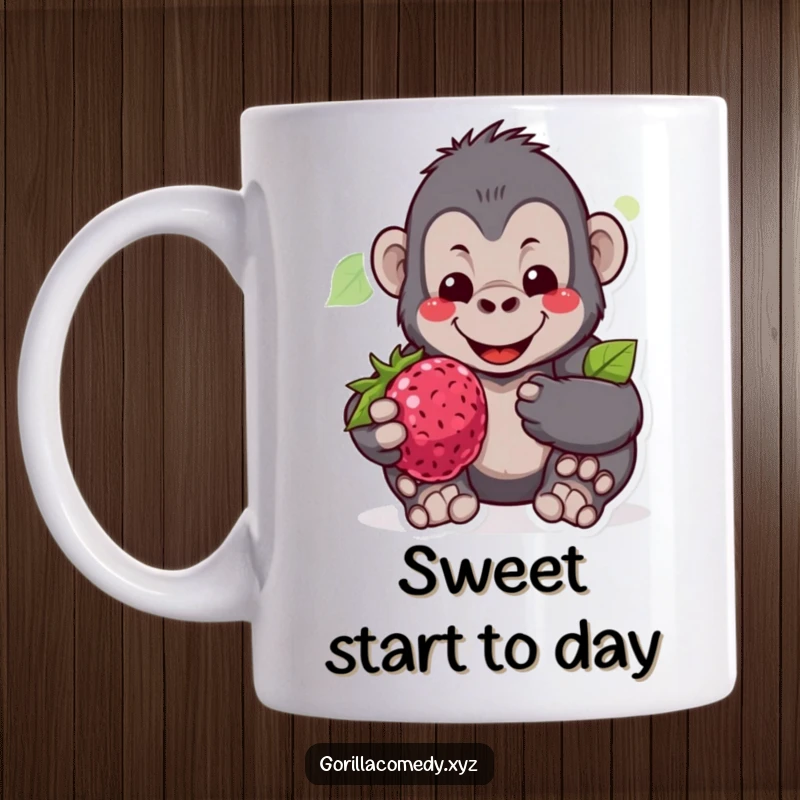 Funny mug with a gentle gorilla character smiling warmly while offering a large, juicy berry, representing kindness.