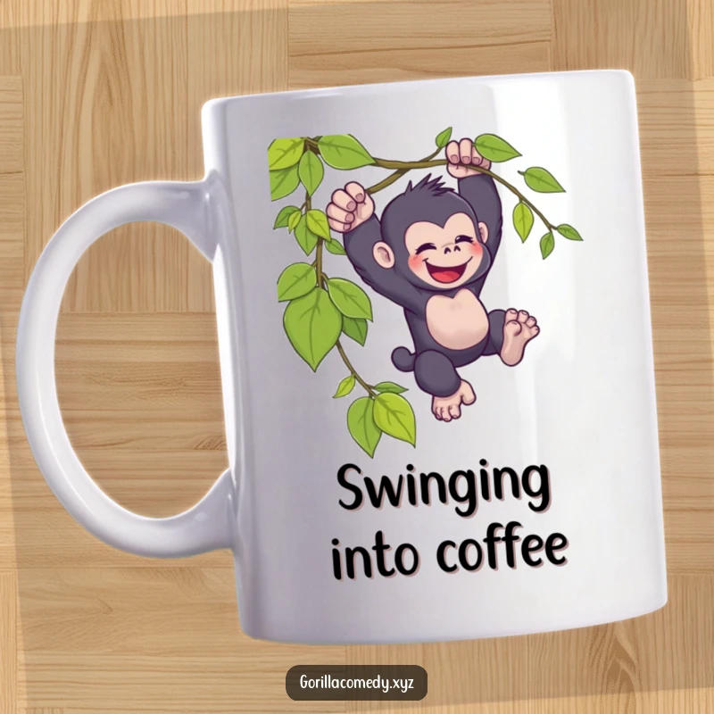 Funny kawaii gorilla mug, joyfully swinging, from a vine, cute and adventurous animal, perfect gift.