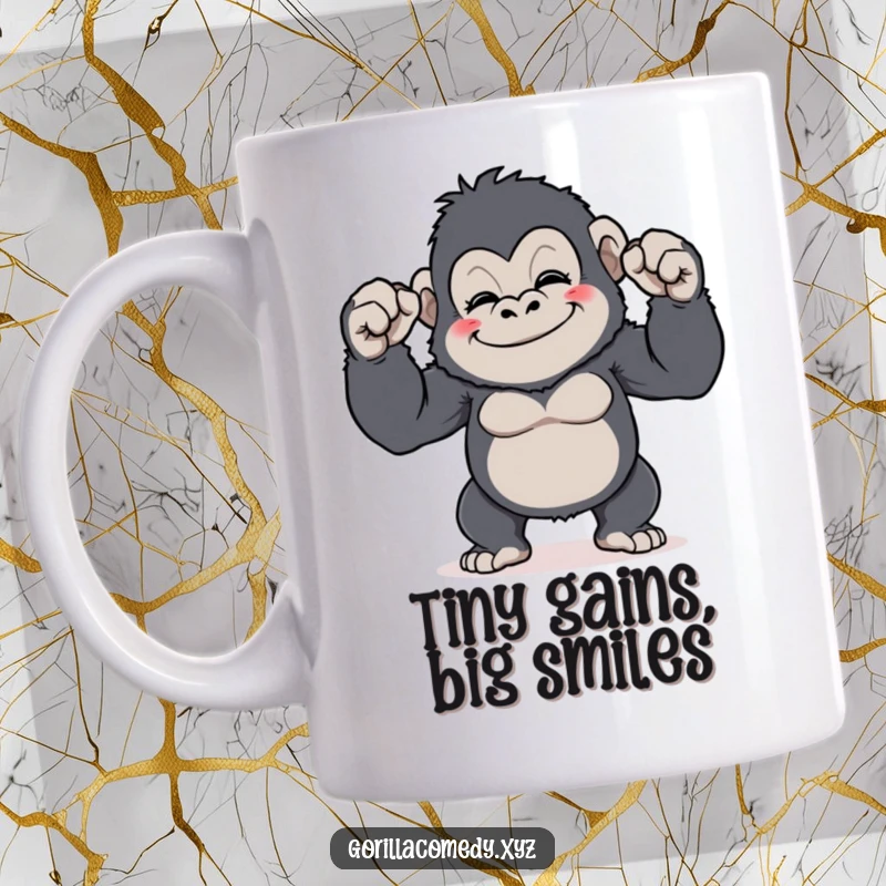 Funny Gorilla Flex Mug: A cute gorilla character grins widely while comically flexing its minuscule biceps, a hilarious and encouraging funny gift.