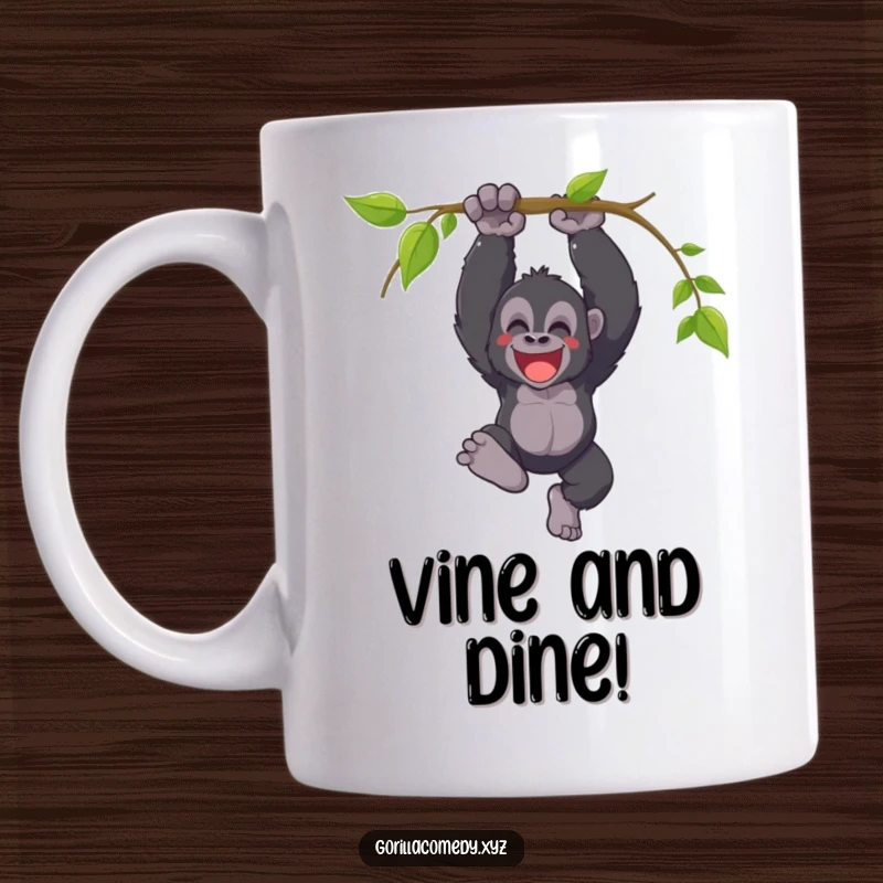 Funny mug featuring a joyful gorilla swinging triumphantly from a vine with a loud yell, embodying pure, unadulterated happiness.