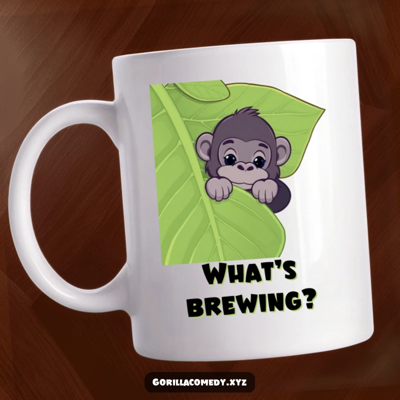 Funny mug with a curious gorilla peeking over a large leaf, its eyes wide with intrigue and a hint of mischief.