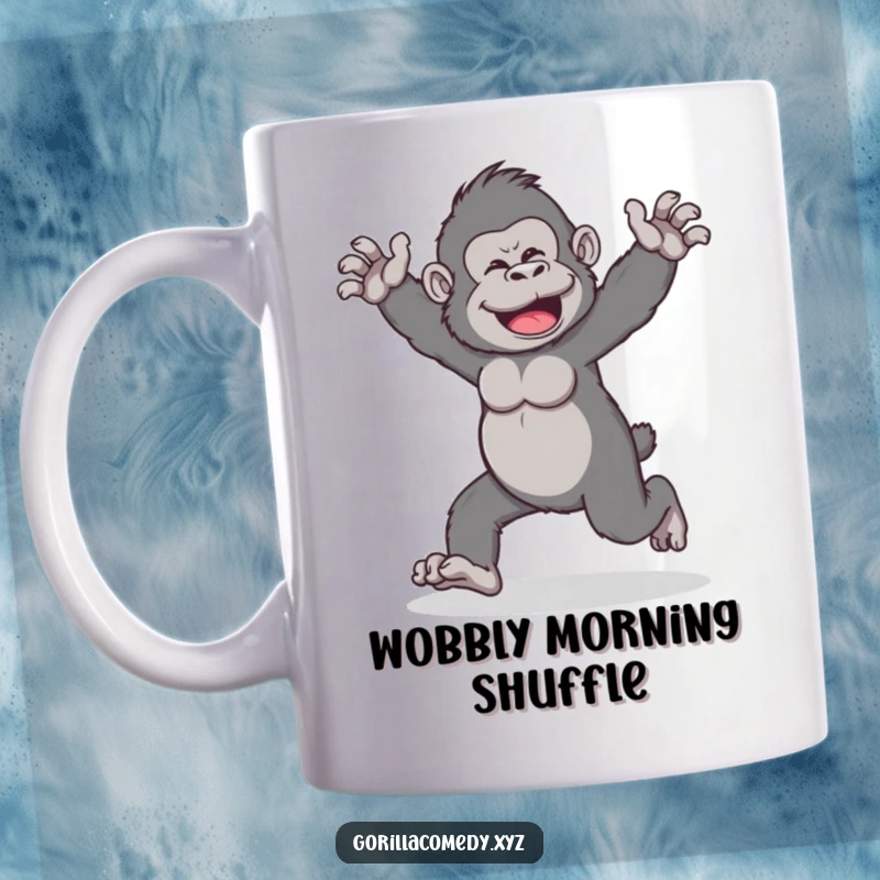 Funny mug depicting a playful gorilla character doing a wobbly walk with arms outstretched, embodying humorous movement.